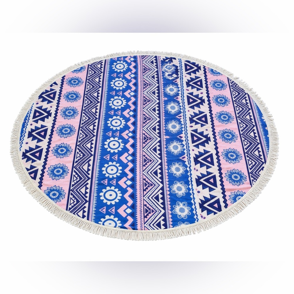 Round Beach Towel Blue Pink Geometric Boho Fringe